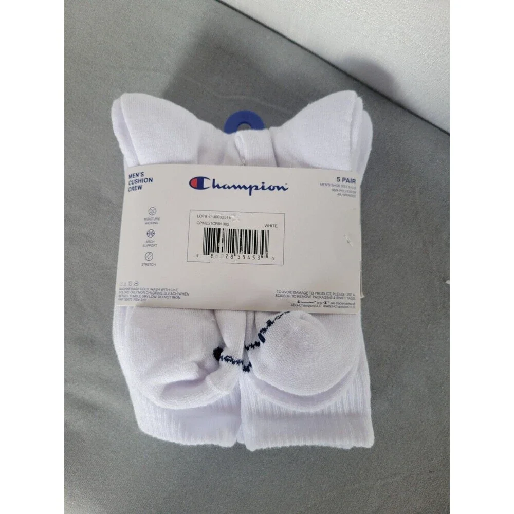 Champion Men's Performance Cushion Crew White Socks w/Logo 5 Prs Size 6-12.5 NWT